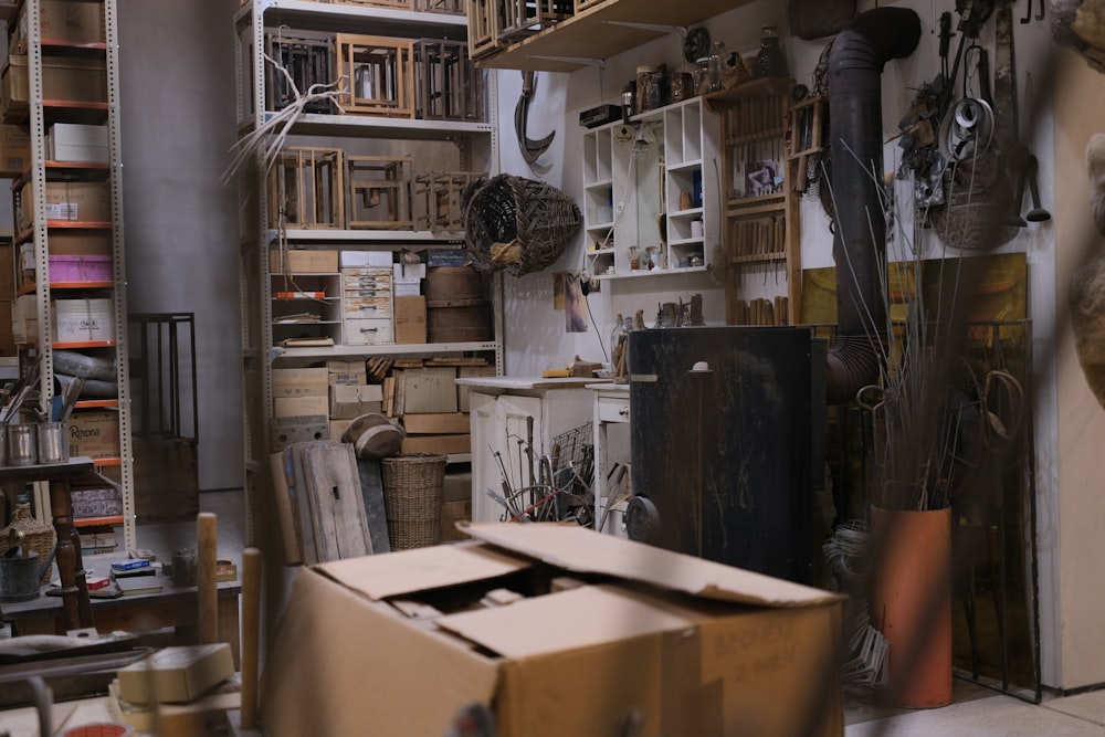 a room filled with lots of boxes and shelves