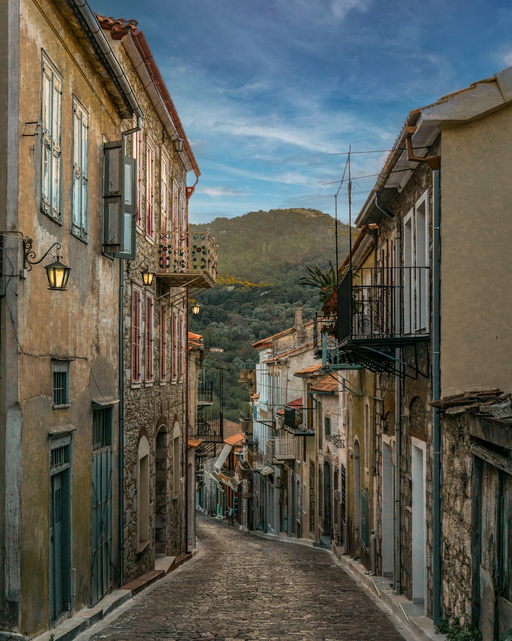 a cobblestone street in a small town