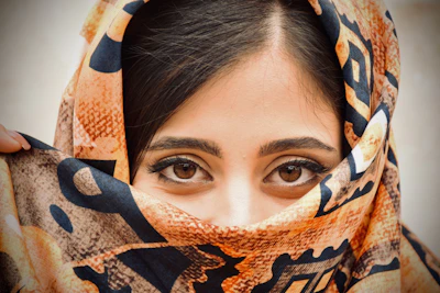 Facial recognition software analyzing faces with saffron, white, and green accent highlights.