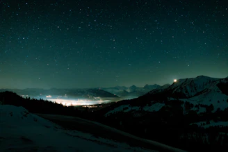 A tranquil Bhutanese valley under a vast, star-filled midnight blue sky with soft golden light on distant peaks.