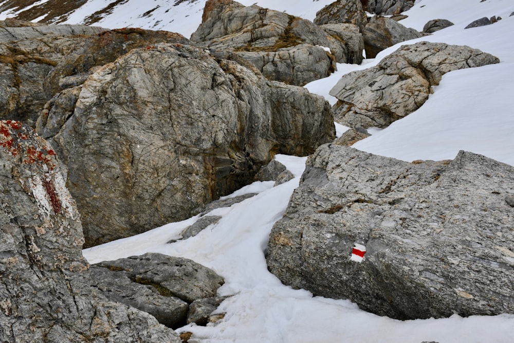 um sinal vermelho e branco sentado ao lado de uma montanha coberta de neve