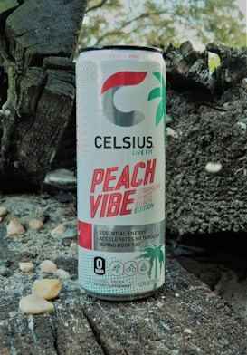 A can of Celsius Peach Vibe energy drink is placed outdoors on a rustic wooden surface, surrounded by small stones. The can features bold red and green graphics with text highlighting its benefits like essential energy, sugar-free content, and metabolism acceleration.