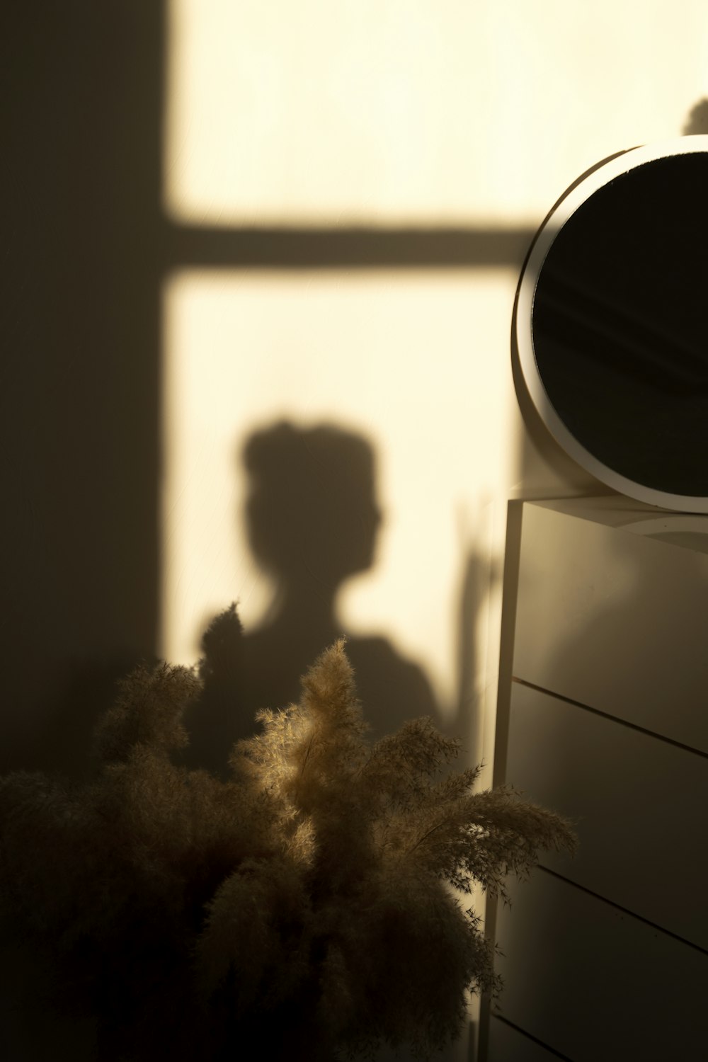 a shadow of a person standing next to a dresser