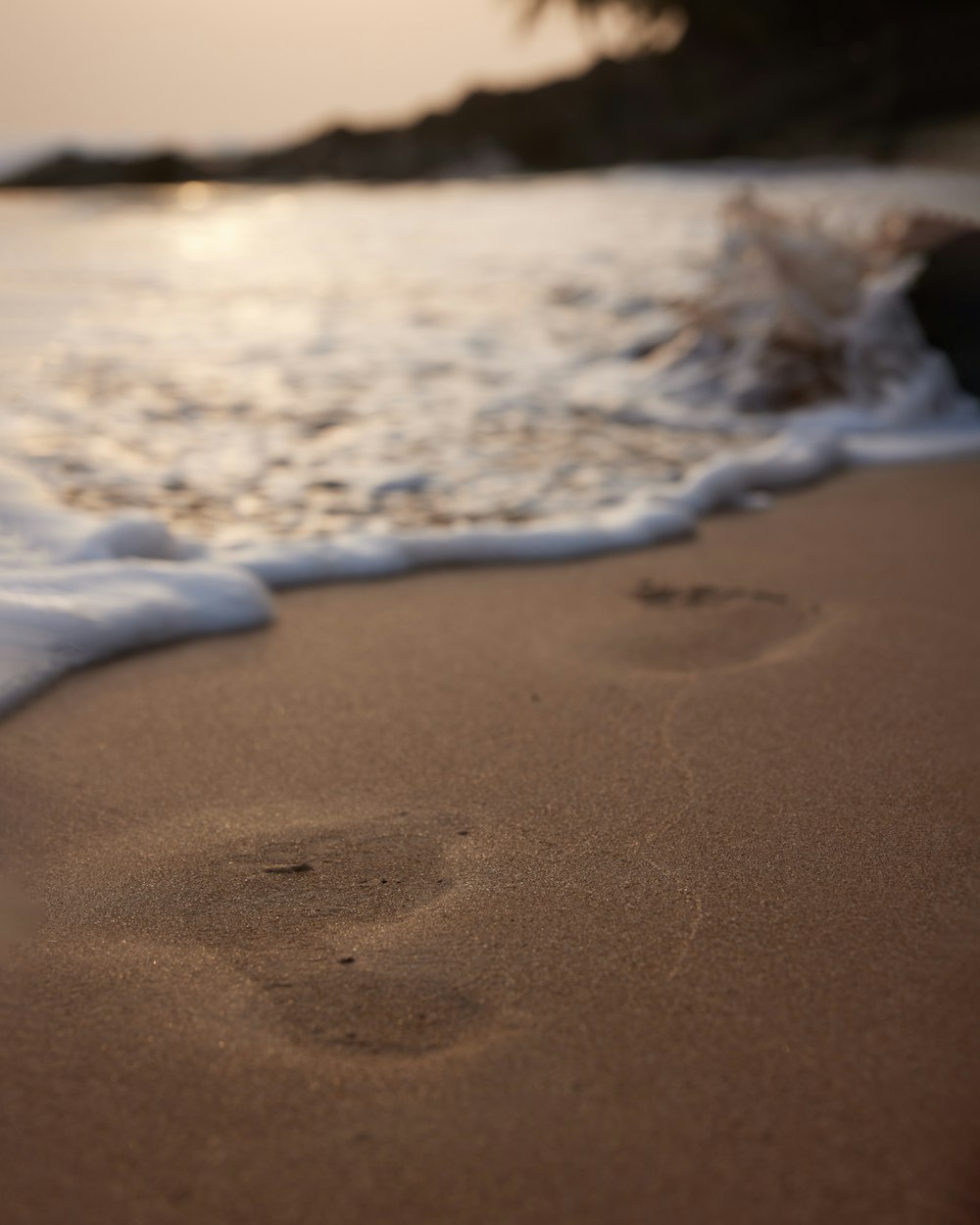 footprints in the sand of a beach near the ocean