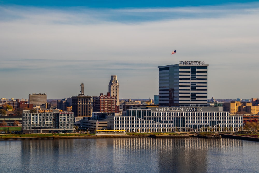 a large body of water with a city in the background