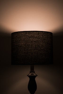 A dimly lit lamp with a dark, textured lampshade casting soft light onto the wall behind it. The base is simple and elegant, enhancing the overall subtlety of the setup.