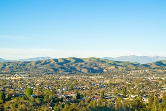 a view of a city with mountains in the background