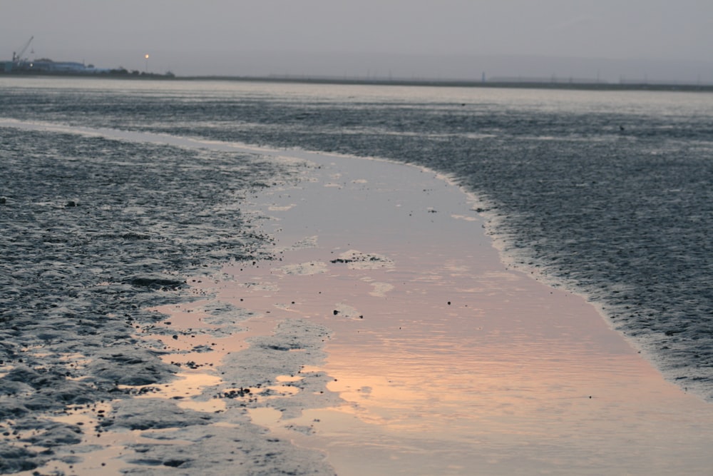 uno specchio d'acqua seduto accanto a una spiaggia sabbiosa