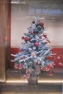 a small blue christmas tree in a pot