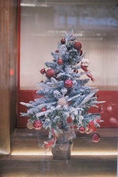 A small artificial Christmas tree decorated with red ornaments, ribbons, and snow-like flocking is placed inside a windowed display or alcove. The tree stands on a wooden floor and has a rustic, burlap-covered base. The background features frosted glass and red paneling, adding a festive ambiance.