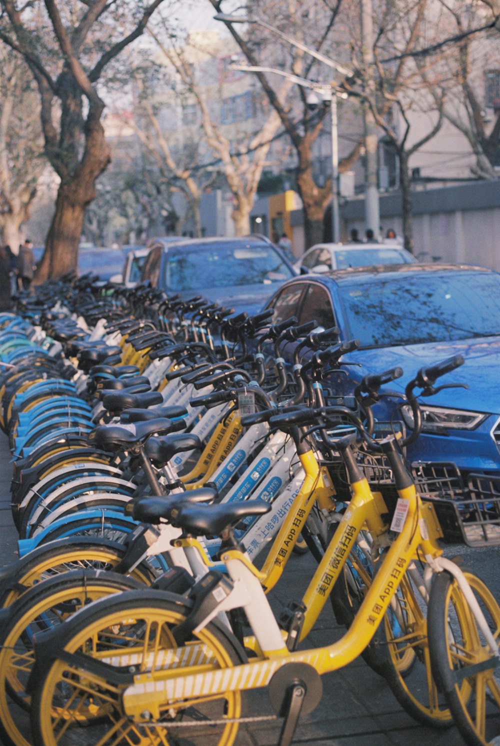 a row of bicycles parked next to each other on a sidewalk