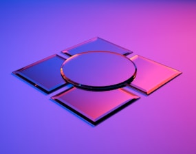 A geometric arrangement of reflective surfaces with a central circular mirror surrounded by four square mirrors. These mirrors rest on a gradient background transitioning from pink to purple, creating a sleek and modern aesthetic.