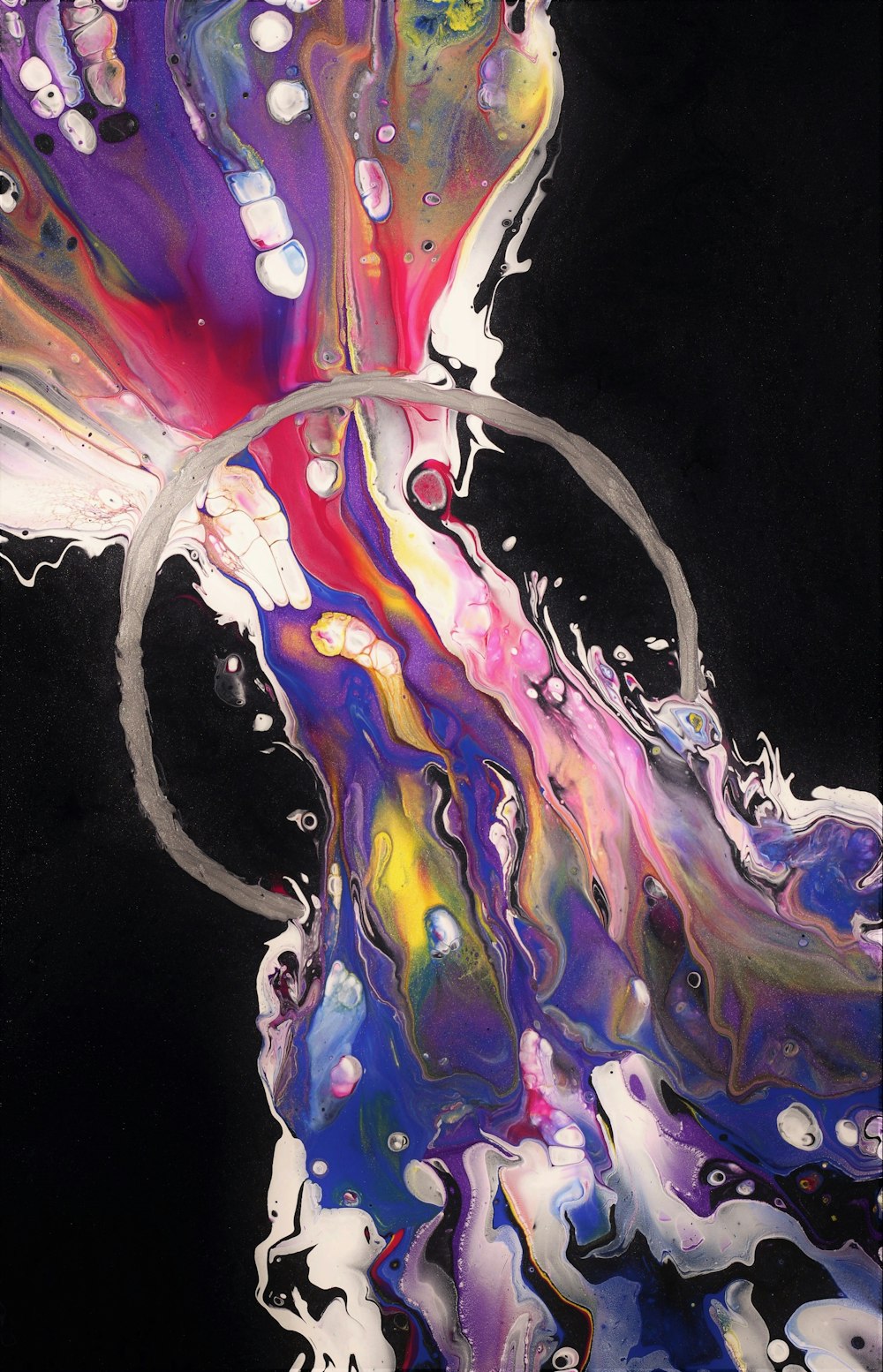 an abstract painting with a black background