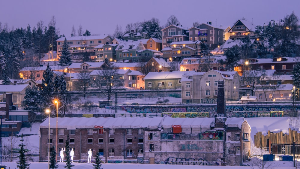 Eine Stadt mit vielen schneebedeckten Gebäuden