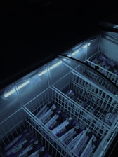 A poorly lit freezer section with wire basket compartments containing packaged frozen goods. The packaging is primarily purple and has Cyrillic writing on it, indicating it may be Russian. The scene has a cold, dimly lit ambiance.