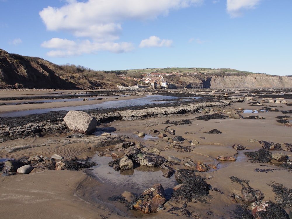 a rocky beach with a large rock in the middle of it