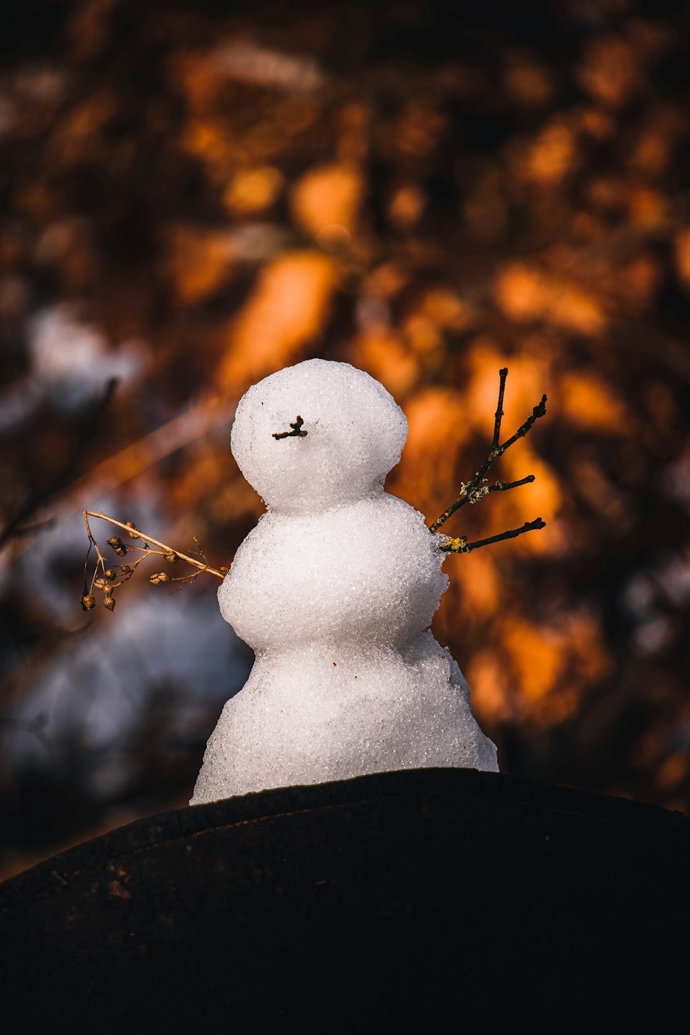 a snowman made of snow sitting on top of a rock