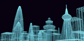 a blue drawing of a city with skyscrapers