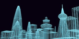 a blue drawing of a city with skyscrapers