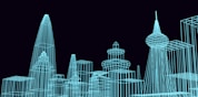 a blue drawing of a city with skyscrapers