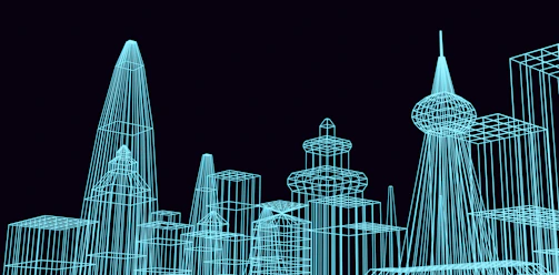 a blue drawing of a city with skyscrapers