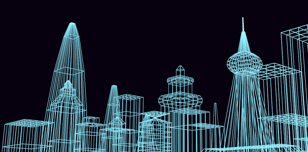 Un dessin bleu d’une ville avec des gratte-ciel