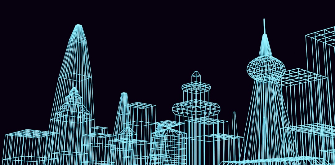 a blue drawing of a city with skyscrapers,
