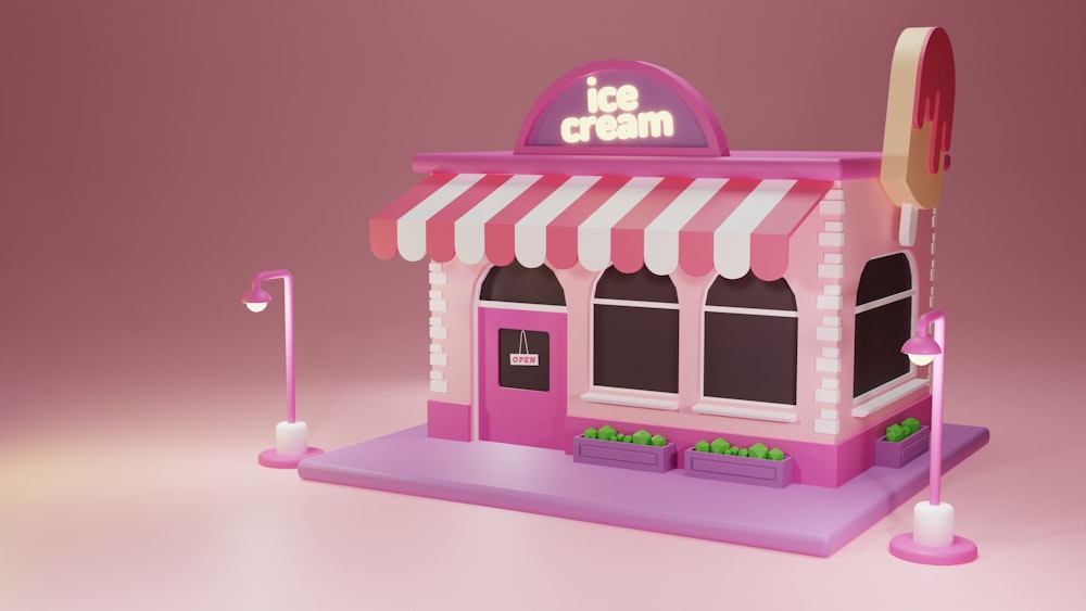 a small ice cream shop with a pink and white awning