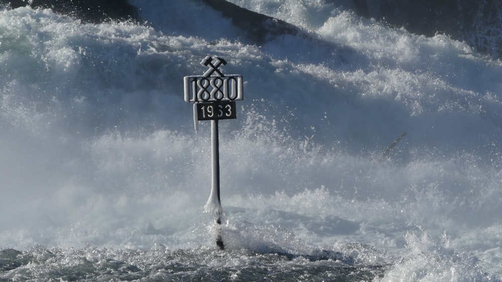 a street sign sitting in the middle of a body of water