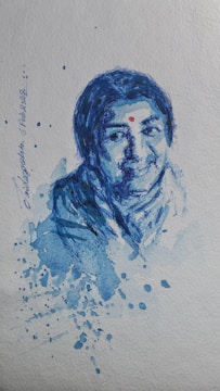 A watercolor portrait of a smiling person with a red dot on their forehead. The painting is primarily done in shades of blue with splashes of color surrounding the figure. The background is light and minimal, enhancing the vibrant blue tones. There are handwritten words on the side, adding a personal touch to the artwork.