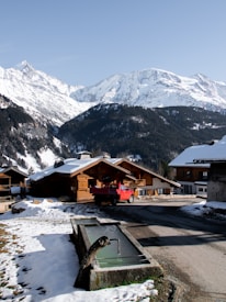 A snow-covered mountainous landscape with wooden chalet-style buildings situated on a slope. A red truck is parked near one of the chalets. In the forefront, there is a stone fountain with running water. The sky is clear, enhancing the visibility of the snowy mountain peaks in the background.