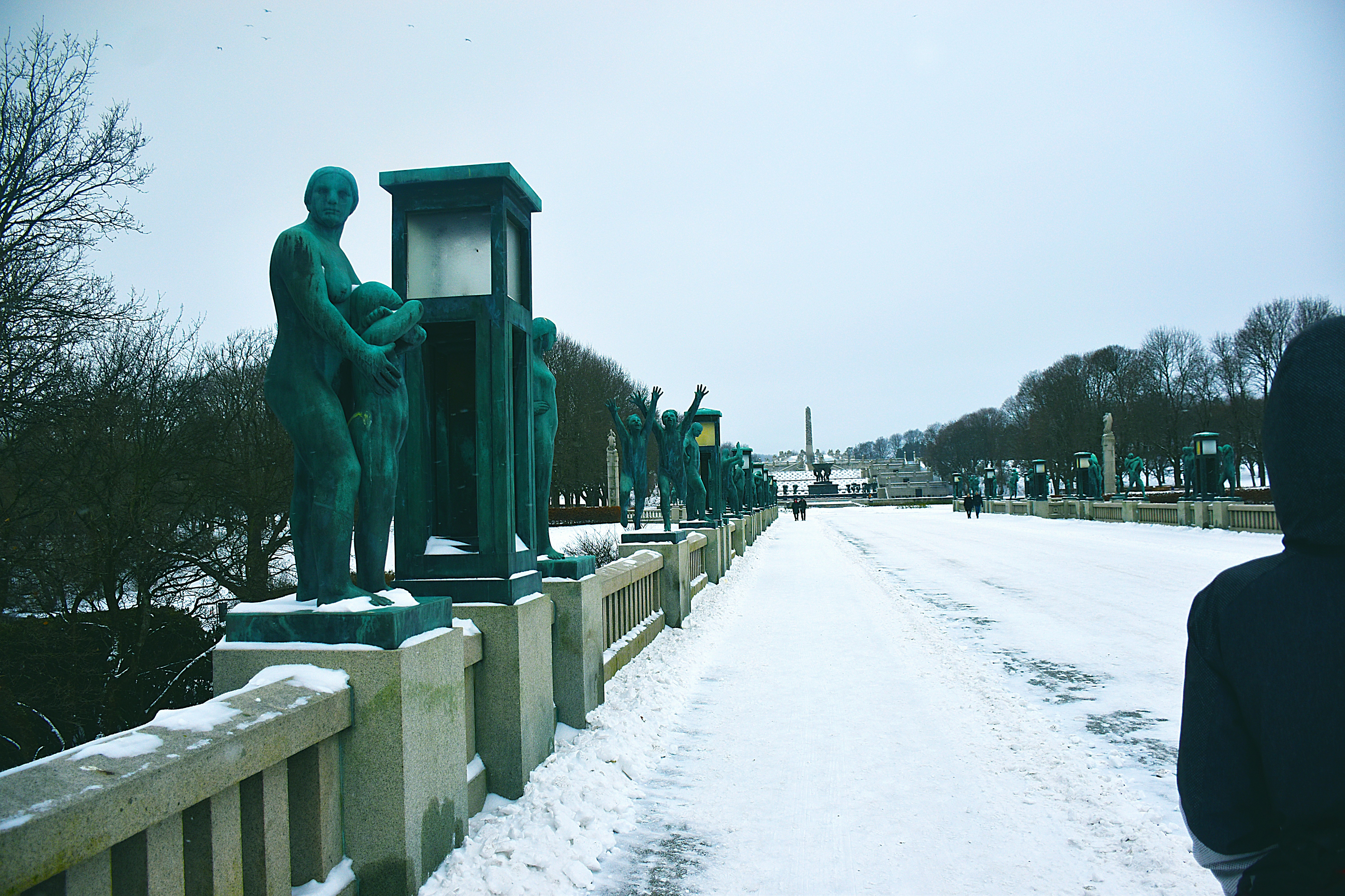 a person standing next to a statue in the snow, journey in norsk story