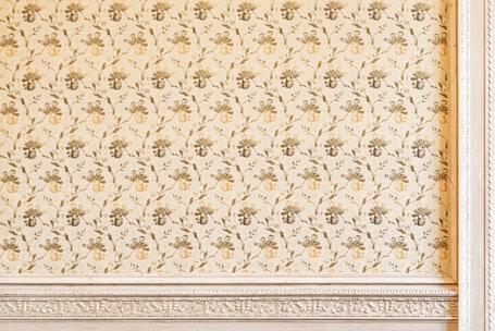 An ornate wall features a vintage floral pattern in muted tones with intricate detailing. The design includes a repeating motif of stylized flowers and vines, bordered by a decorative frame with embossed texture.