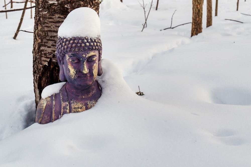 a buddha statue is buried in the snow