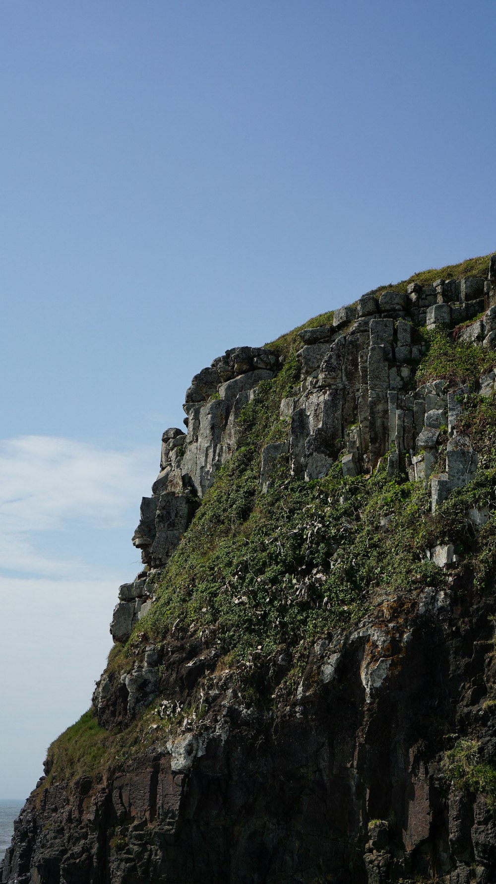 a rocky cliff with grass growing on top of it
