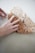 Close-up of hands holding a sheet of parchment paper with a printed logo on a wooden table.