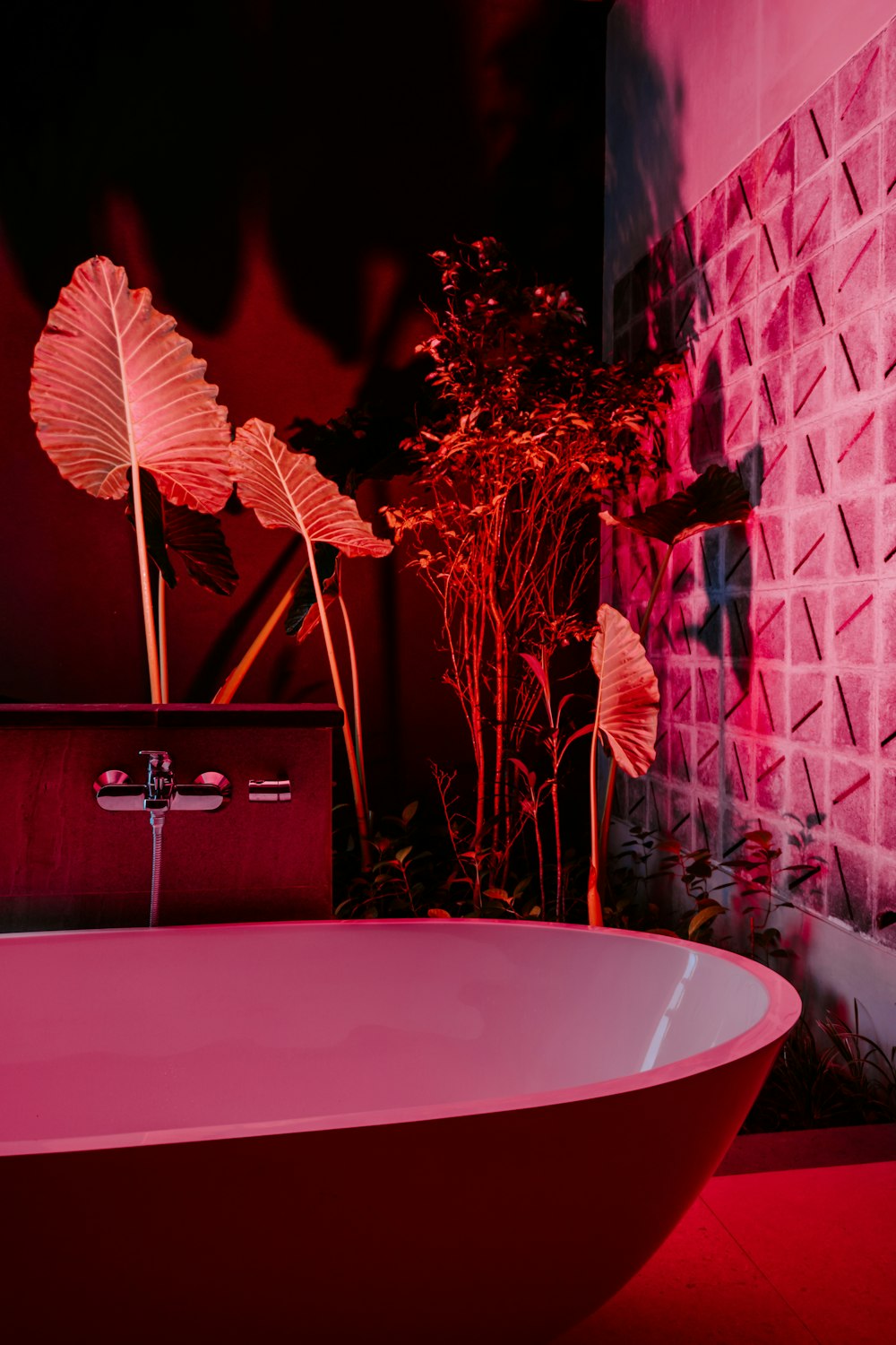 a bathroom with a pink bathtub and a plant