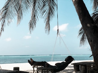 a person laying in a hammock on the beach