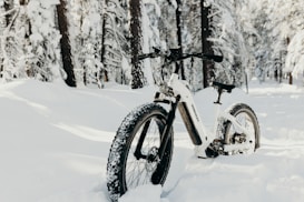 A white bicycle with thick tires stands in a snow-covered forest. Snow clings to the bicycle and the trees surrounding it, with sunlight filtering through the branches, casting soft shadows. The path is blanketed in snow, providing a serene wintery setting.