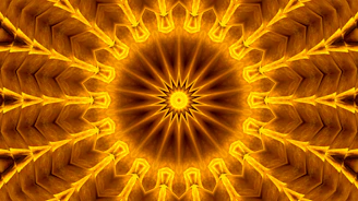 Intricate mandala patterns glowing with saffron and gold hues, symbolizing spiritual energy.