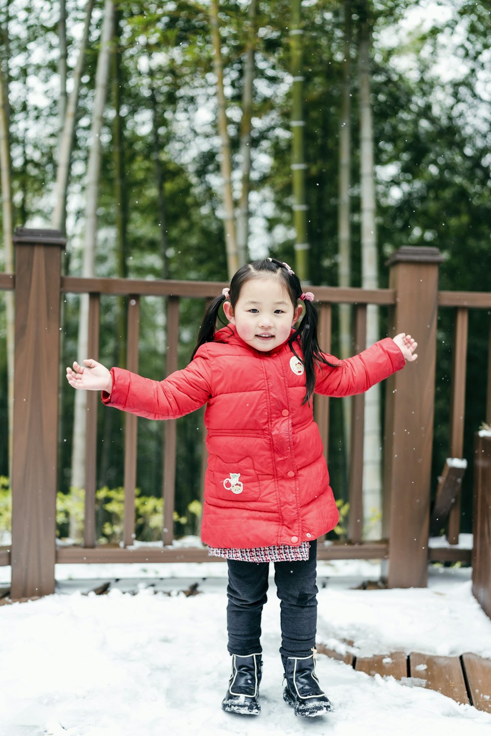 a little girl in a red jacket standing in the snow