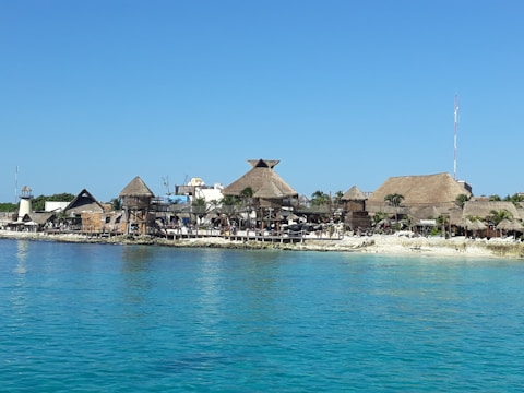 A beautiful tropical shoreline features traditional thatched-roof structures and palm trees. The clear blue water contrasts with the sandy beach and green vegetation, creating a serene atmosphere.