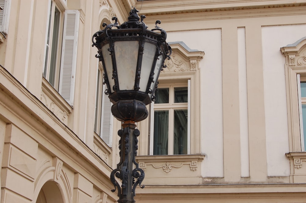 a street light in front of a building