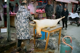 A street market setting features a man in a camouflaged jacket tending to a large animal carcass lying on a wooden table. Other individuals, mostly older adults, are observing the scene. Various market stalls in the background display signs and meat products. An empty red and blue gas cylinder is situated nearby on the pavement, and the atmosphere suggests a bustling, open-air marketplace.