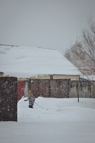 A snow-covered walkway being cleared by a professional with a snow shovel in winter.
