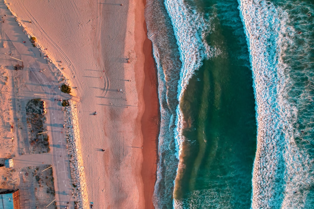 an aerial view of a beach and ocean