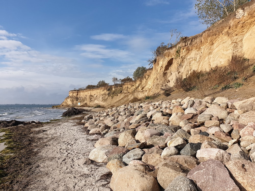 a rocky beach next to the ocean under a blue sky