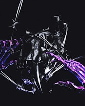 A dark and surreal composition featuring a metallic, skeletal figure intertwined with barbed wire. The figure appears glossy and reflective, with a sinister atmosphere enhanced by the entanglement. Vibrant purple hues highlight certain areas, adding a futuristic and eerie glow.