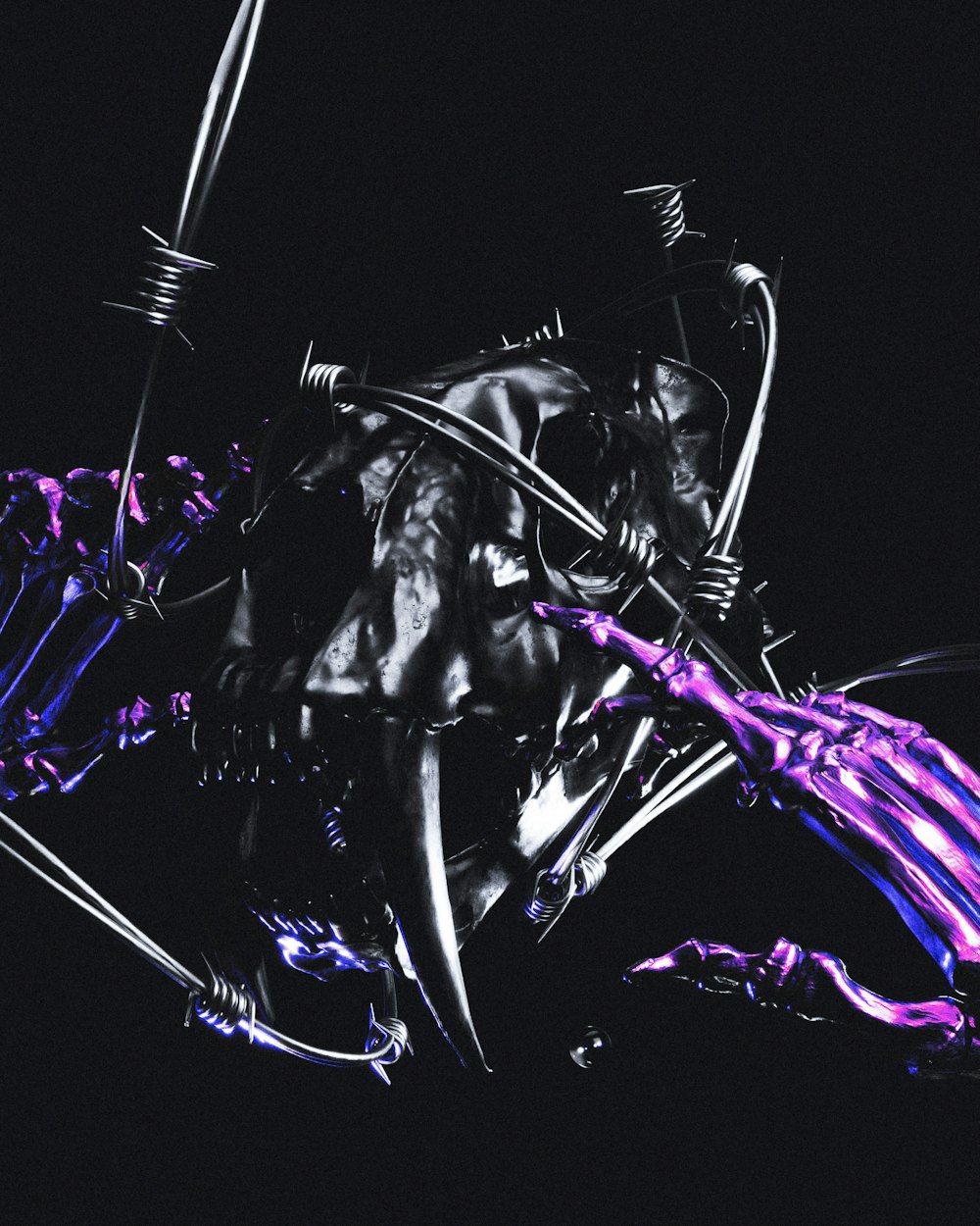 a black and purple photo of a skeleton holding a pair of scissors
