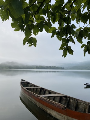A day boat moored at a wooden pier framed by lush greenery and calm lake waters.